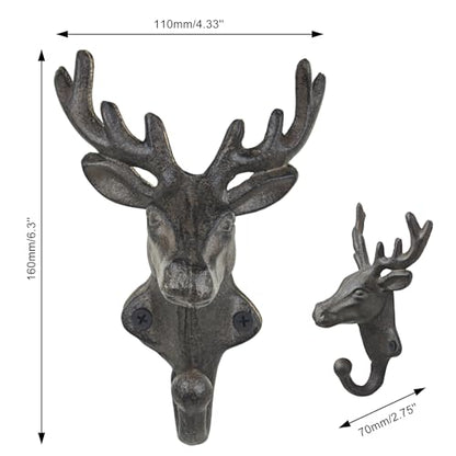 Rustic Deer Head Cast Iron Wall Hooks 2 Pack