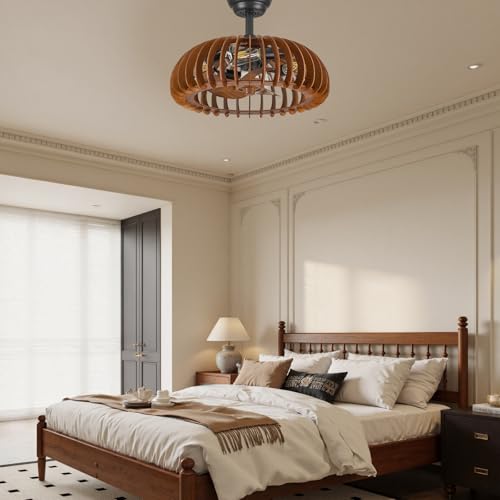 Wooden Caged Ceiling Fan Bladeless Farmhouse Fandelier Reversible for Small Bderoom Dining Living Room