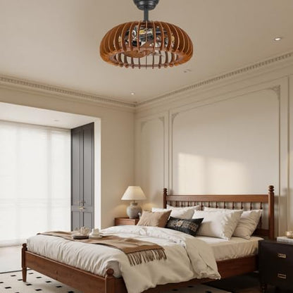 Wooden Caged Ceiling Fan Bladeless Farmhouse Fandelier Reversible for Small Bderoom Dining Living Room