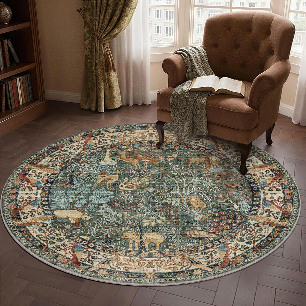 4ft Round Rug Circular Animal Print Area Rug Low Pile Indoor Rug (Green / 4' (Round))