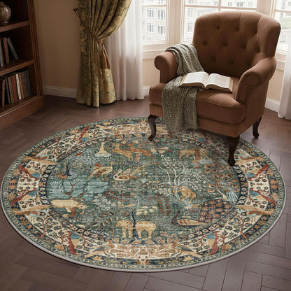 4ft Round Rug Circular Animal Print Area Rug Low Pile Indoor Rug (Green / 4' (Round))