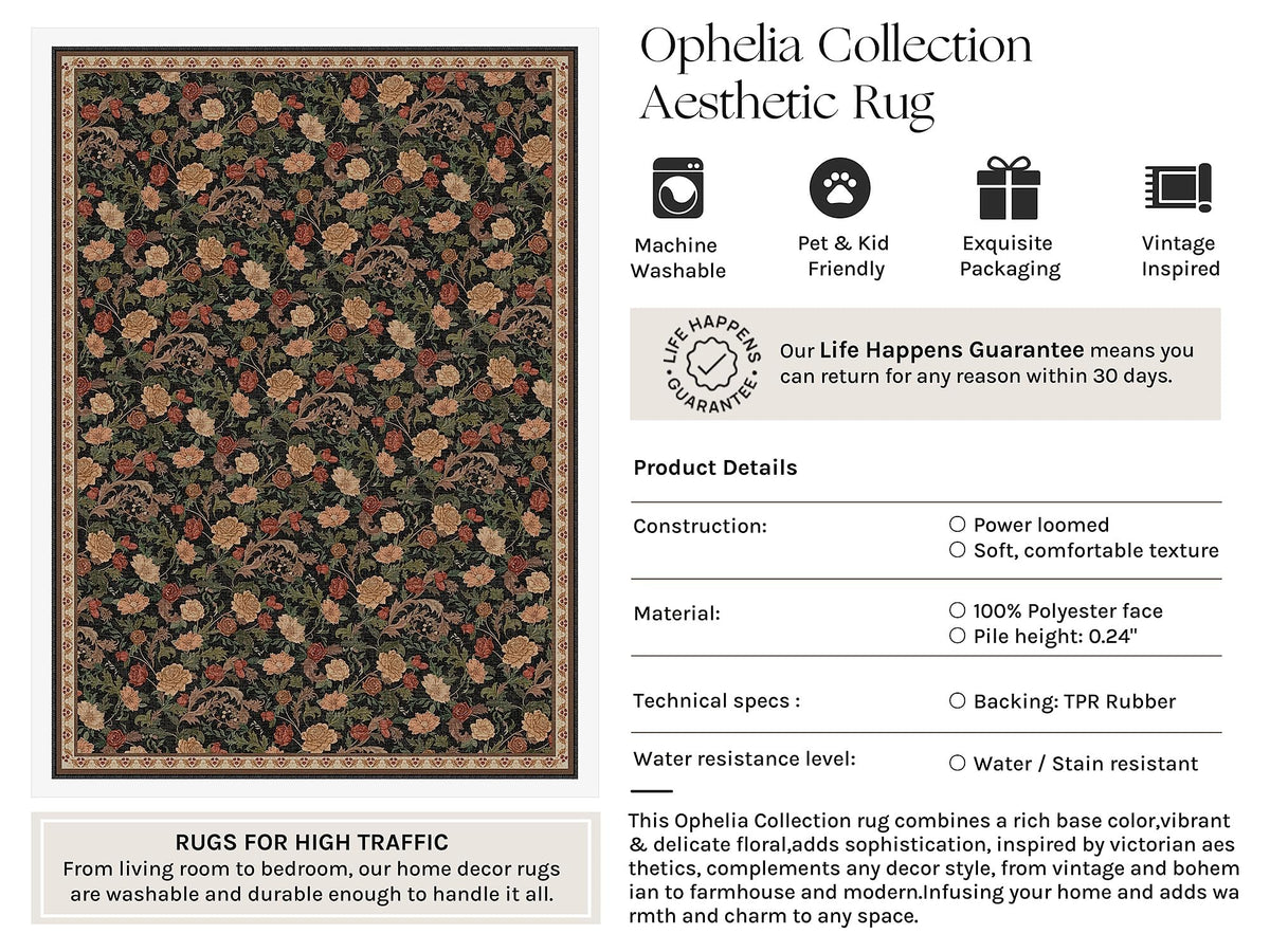 Retro Area Rugs 9x12 Washable Living Room Bedroom Rugs Vintage Floral Throw Carpet Black Brown Stain Resistant Non Slip Low Pile for Home Aesthetic Modern Decor (Retro | Black Brown / 9' x 12' (Rectangular))
