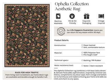 Retro Area Rugs 9x12 Washable Living Room Bedroom Rugs Vintage Floral Throw Carpet Black Brown Stain Resistant Non Slip Low Pile for Home Aesthetic Modern Decor (Retro | Black Brown / 9' x 12' (Rectangular))