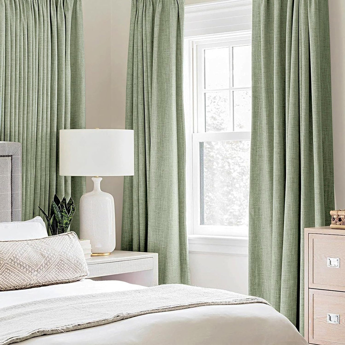 100% Blackout Linen Curtains for Bedroom 52x45 Inches Sage Green (Sage Green / 52"W x 45"L (Pack of 2))