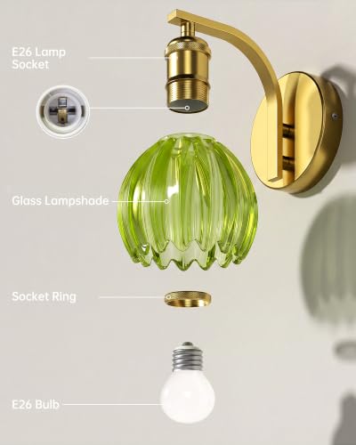 Vintage Brass Hardwired Wall Sconces with Green Tulip Glass Shade