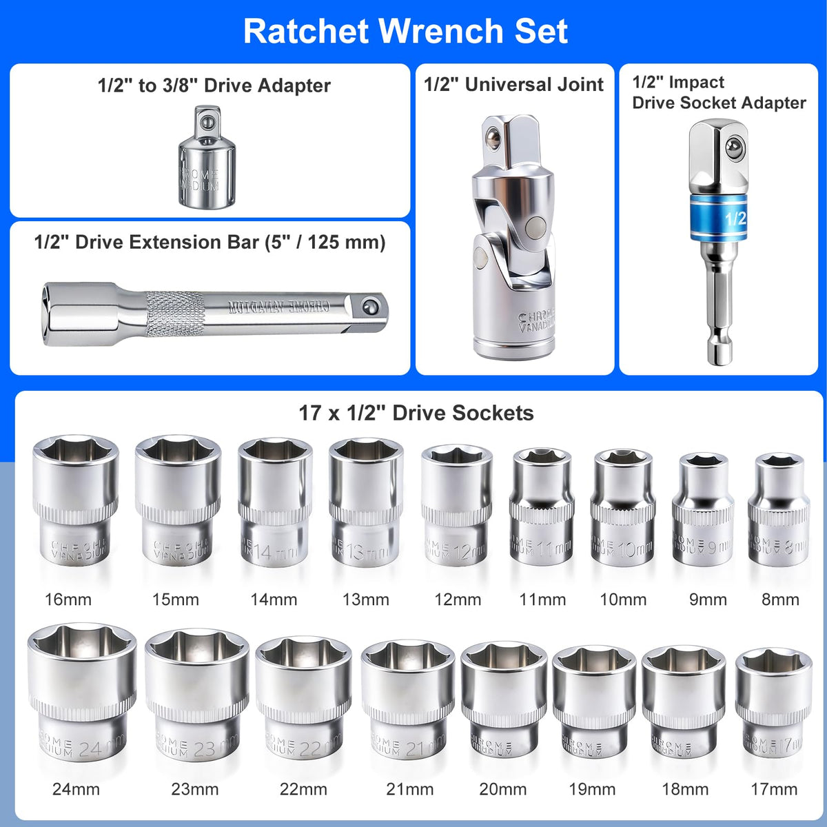 1/2-Inch Drive Torque Wrench Set, 10-170 ft-lb Dual Scale (1/2" 10-170 FT.LB - 22 Pcs)