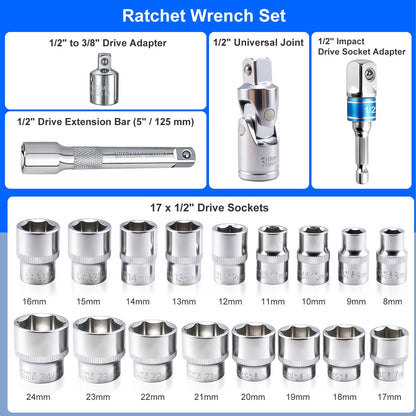 1/2-Inch Drive Torque Wrench Set, 10-170 ft-lb Dual Scale (1/2" 10-170 FT.LB - 22 Pcs)