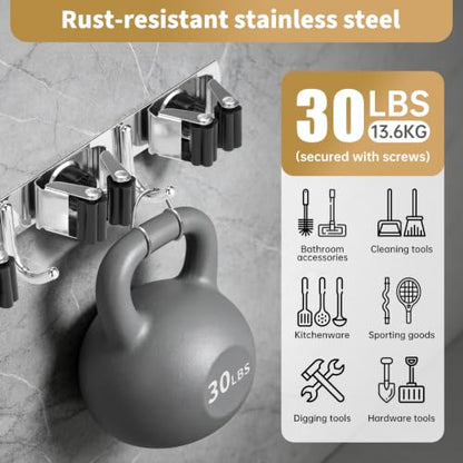 5 Racks 4 Hooks Mop and Broom Holder Wall Mount