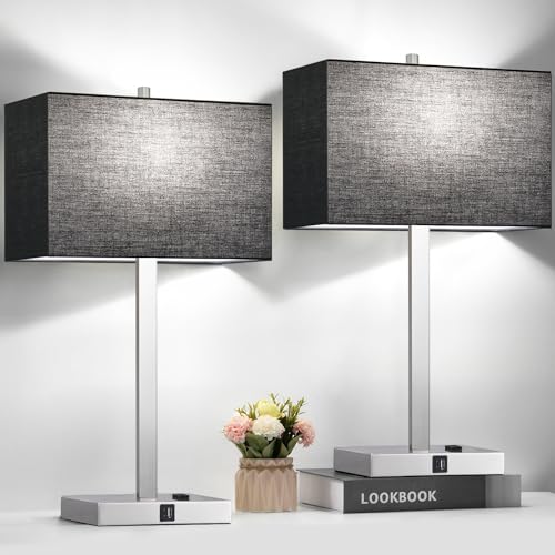 21" Set of 2 Touch Control Table Lamps with 2 USB & AC Outlets