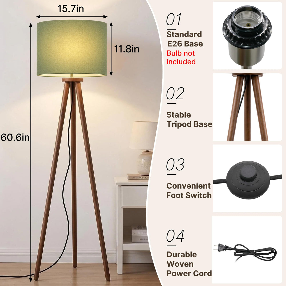 60.6 Inch Walnut Wood Tripod Floor Lamp with Linen Drum Shade (Green)
