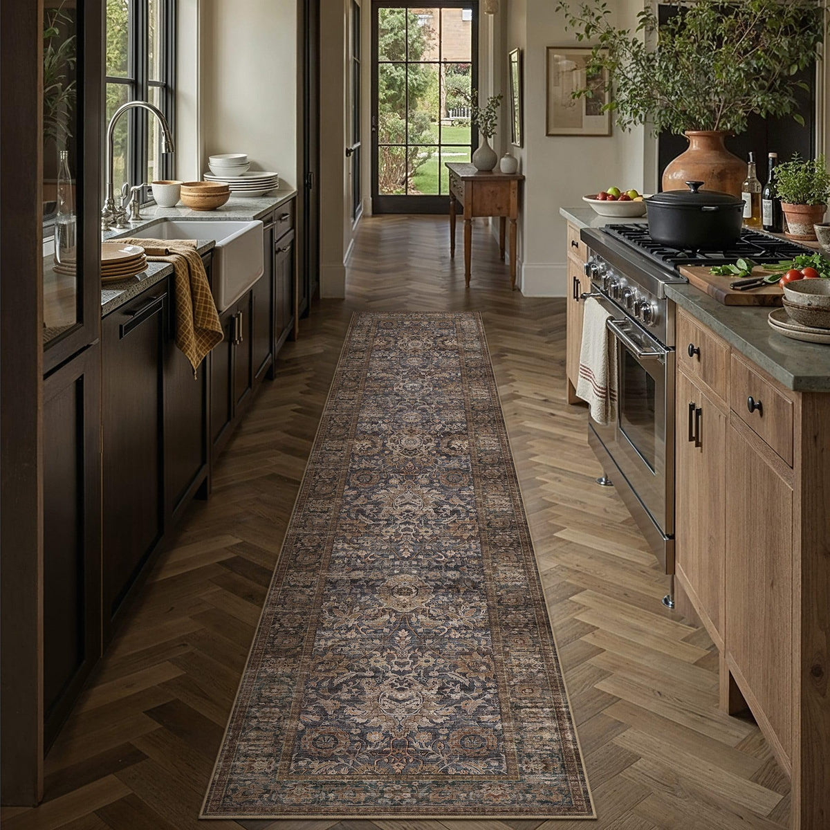 Hallway Runner Rugs 3x10 Blue Brown Vintage Rug (Retro | Blue Brown / 3' x 10' (Runner))