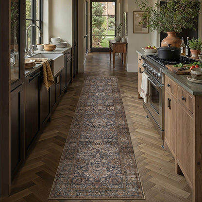 Hallway Runner Rugs 3x10 Blue Brown Vintage Rug (Retro | Blue Brown / 3' x 10' (Runner))