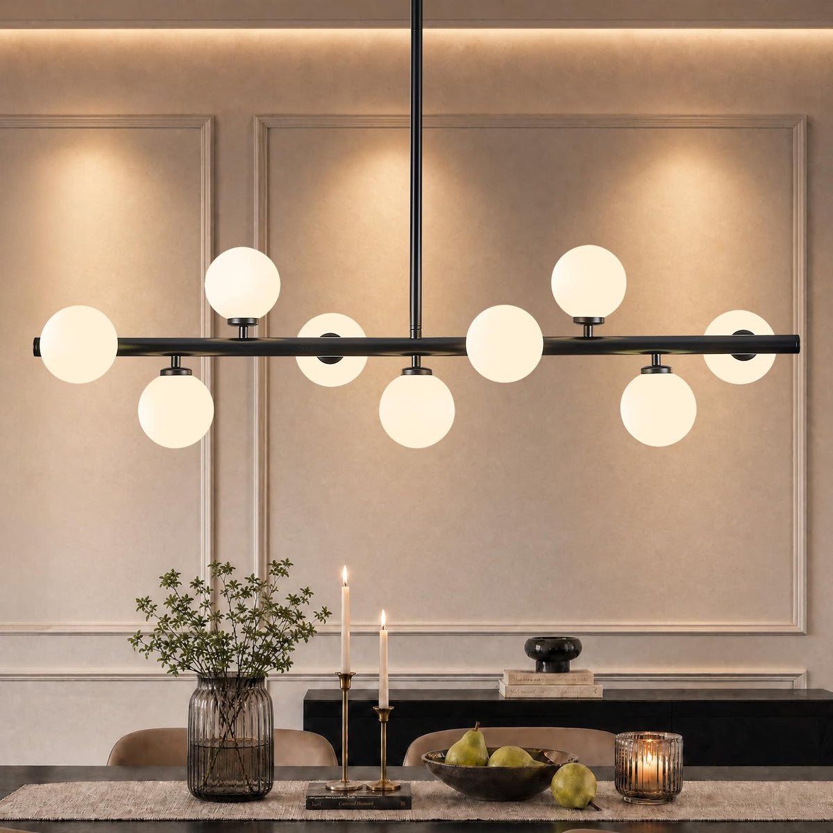 Linear Sputnik Dining Chandelier (Black + White / 9-Light 40 Inch)
