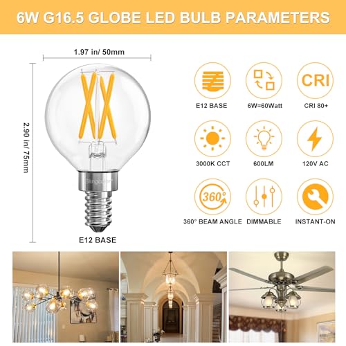 6 Pack G16.5 E12 Dimmable LED Bulbs 60 Watt Equivalent