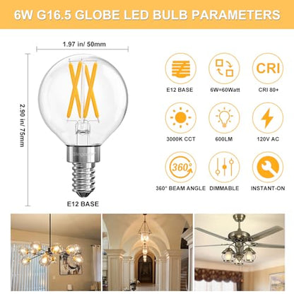 6 Pack G16.5 E12 Dimmable LED Bulbs 60 Watt Equivalent