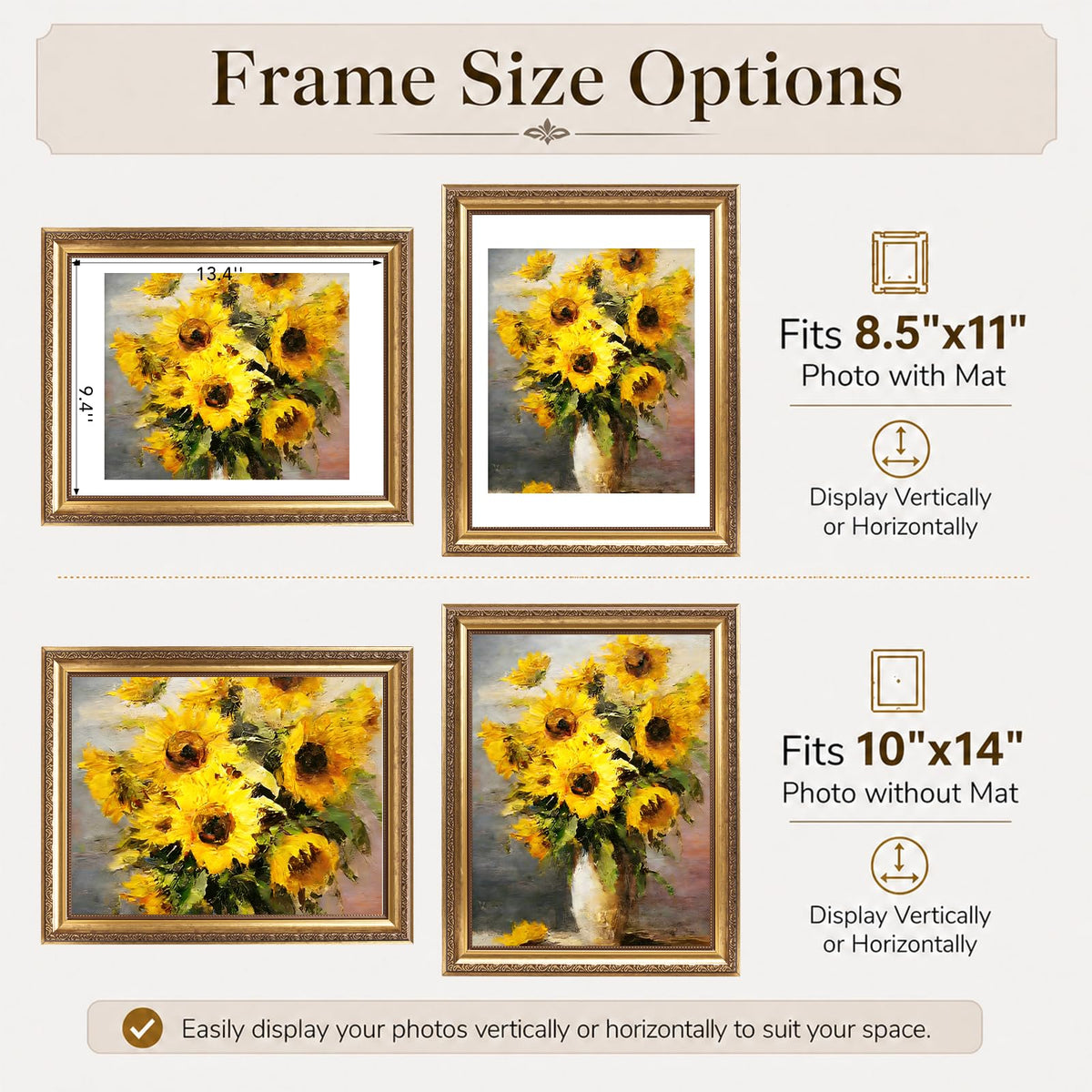 10x14 Vintage Picture Frame for 30 x 40cm Diamond Art Painting with 8.5x11 Mat (Gold / 10x14 inch)