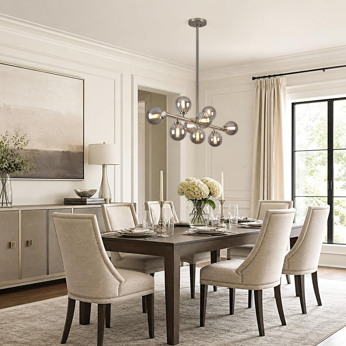 Linear Sputnik Dining Chandelier (Nickel + Grey / 9-Light 40 Inch)