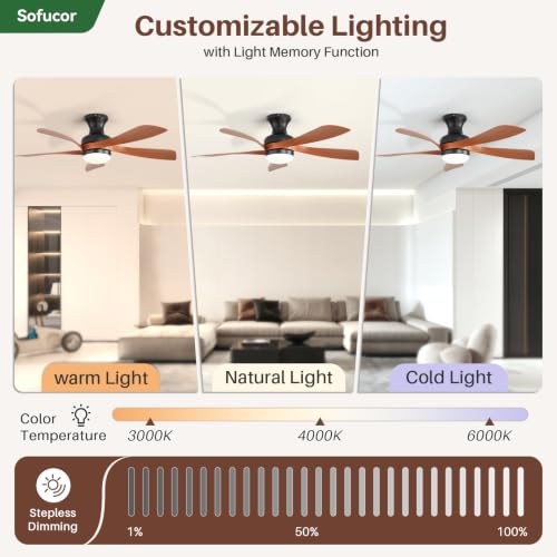 42 Inch Smart Ceiling Fans with Lights and Remote (Black+Brown / 42inch Max)