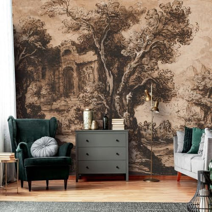 Brown Ink wash Natural Wildness and Classical Architectural relics Landscape Painting self (SDY-35 / 118" x 83")
