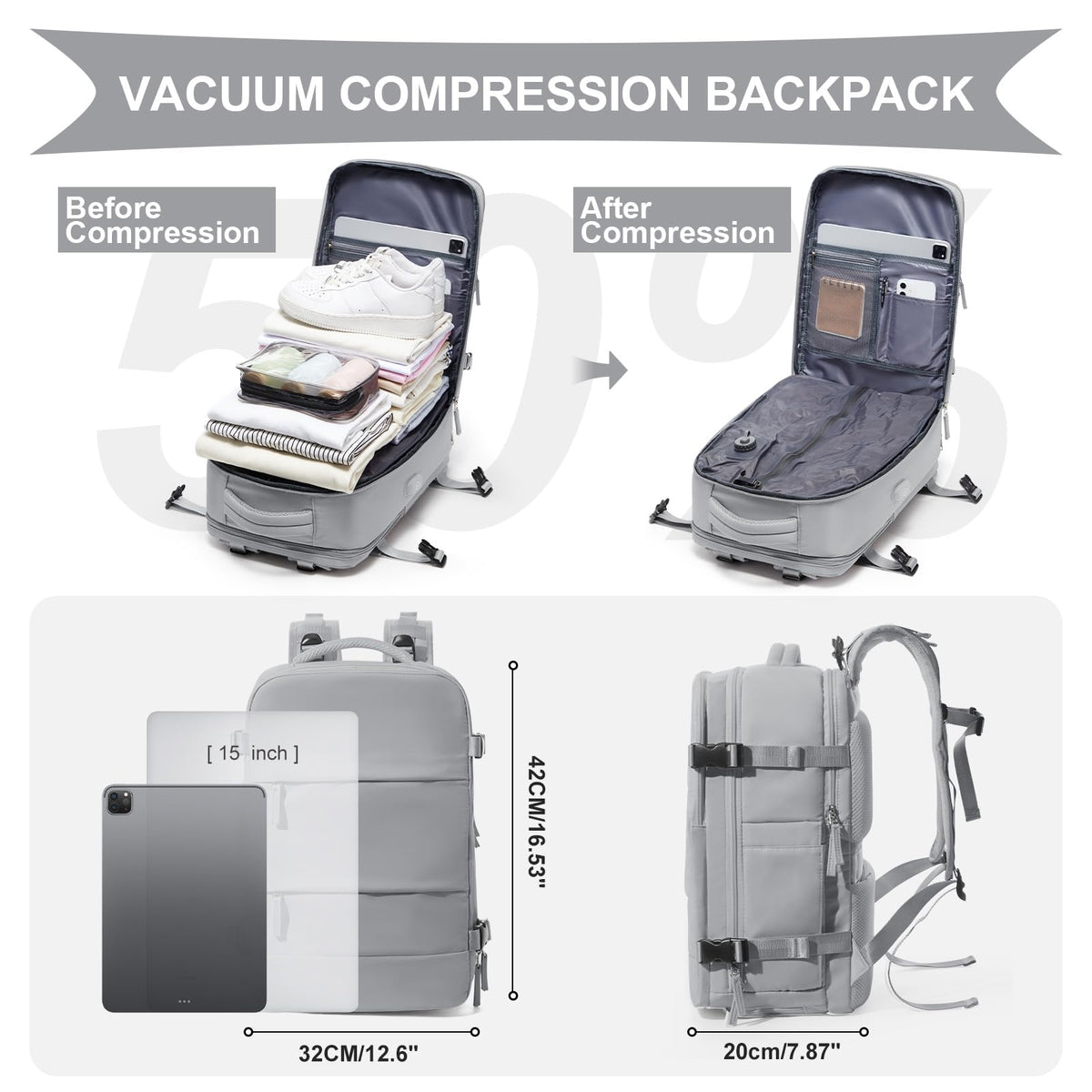Vacuum Backpack Travel with Pump (A1-grey / 25 liters)