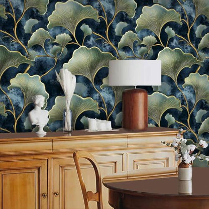 Dark Blue Ginkgo Leaf Peel and Stick Wallpaper (17.7" x 236")