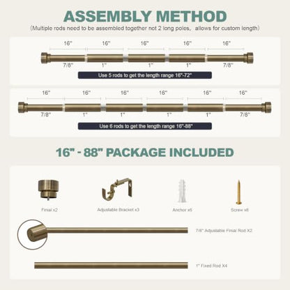 Antique Bronze Curtain Rods for Windows 48 to 84 with Adjustable Brackets Heavy Duty 1" Diameter Window Treatment Rod with Solid Metal Finials for Outdoor Bedroom Kitchen Living Room (Antique Bronze / 16"-88"|1 Pack)