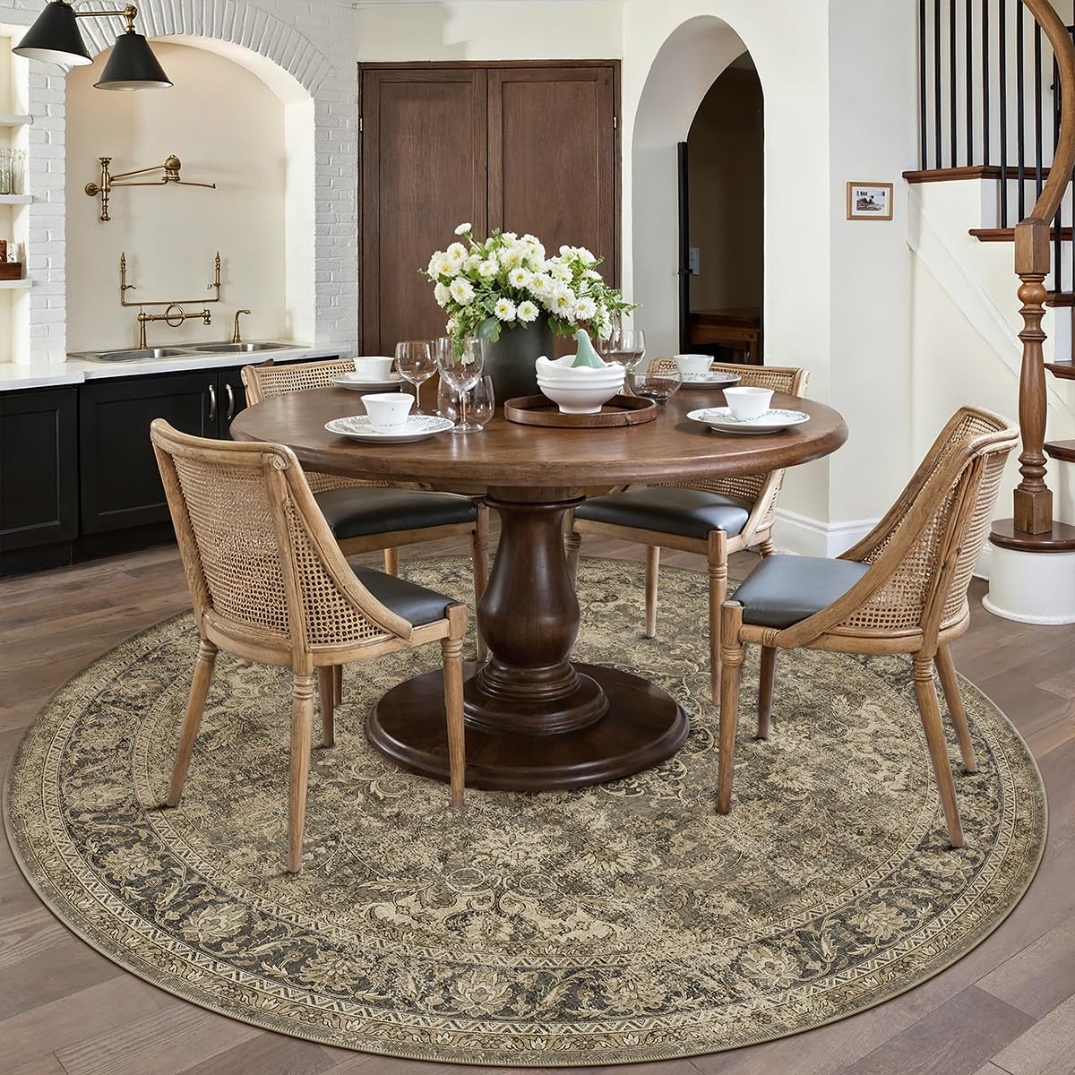 5x5 Washable Round Rug Brown Vintage Rug for Living Room (Brown/Black / 5' (Round))