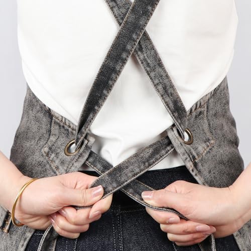 Denim Apron with Pockets and Adjustable Cross Straps for Hair Stylist Salon Nail Tech Barber Women Jean Aprons