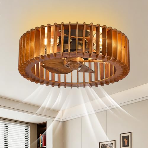 Wooden Caged Ceiling Fan Bladeless Farmhouse Fandelier Reversible for Small Bderoom Dining Living Room