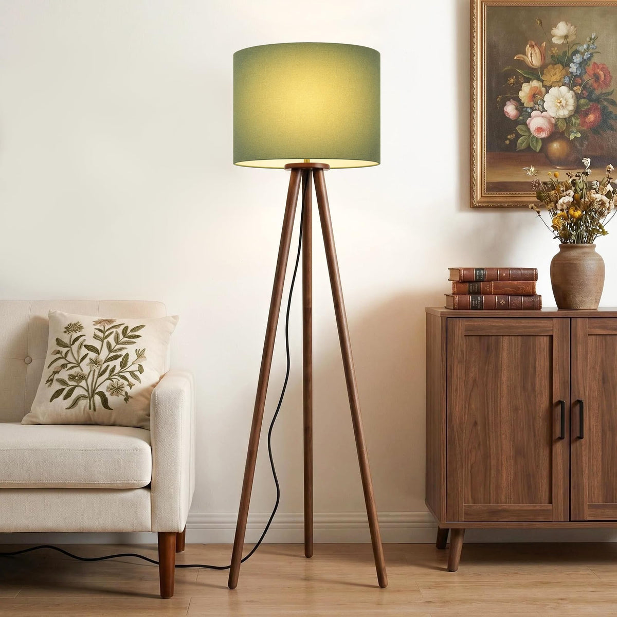 60.6 Inch Walnut Wood Tripod Floor Lamp with Linen Drum Shade (Green)