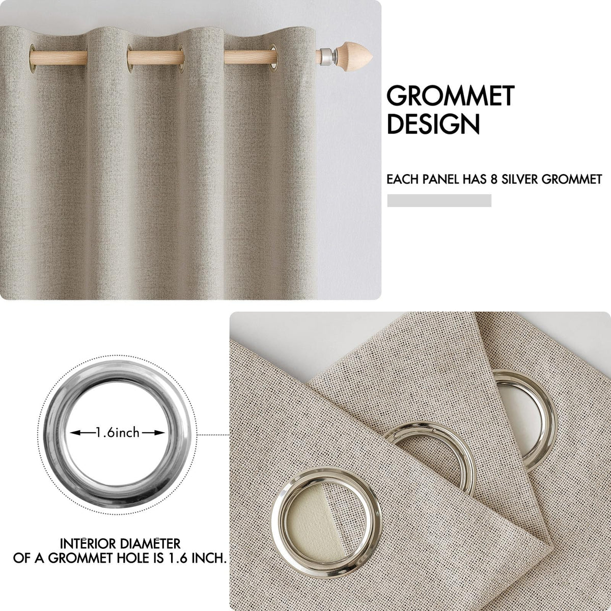 100% Blackout Linen Curtains for Bedroom 52x45 Inches Pebble Taupe (Pebble Taupe / 52"W x 45"L (Pack of 2))