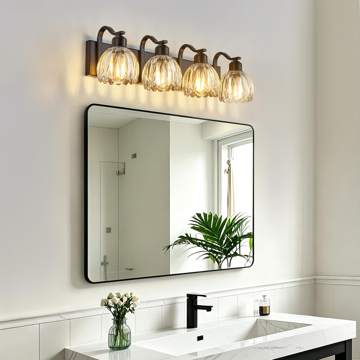 Black Vanity Lights for Bathroom with Clear Tulip Glass Shade (Black - Tulip Clear / 4-light)