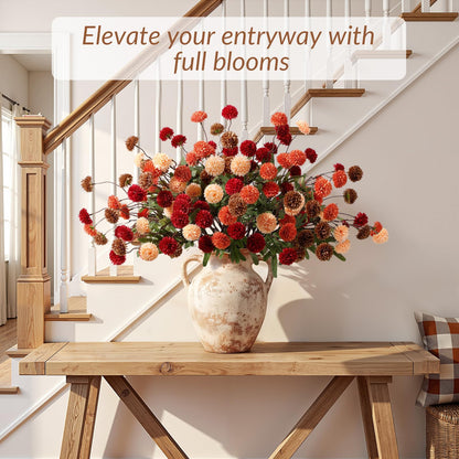 32 PCS Silk Mums Artificial Fall Flowers with Eucalyptus for Vase (Yellow Red Orange Brown)