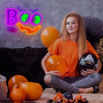 Halloween Neon Sign Dimmable Boo Spooky Smile Led Neon Signs for Wall Decor (Multicolor-BOO b)