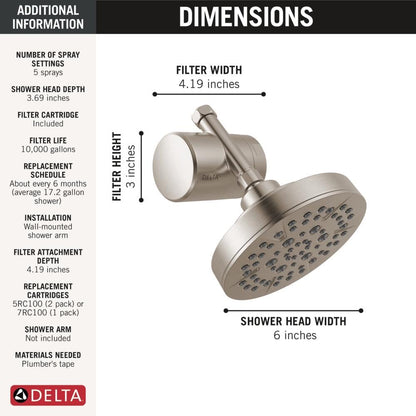 5 Setting Shower Head Brushed Nickel with Clarifi Standard Shower Filter Attachment with Filter (Stainless)