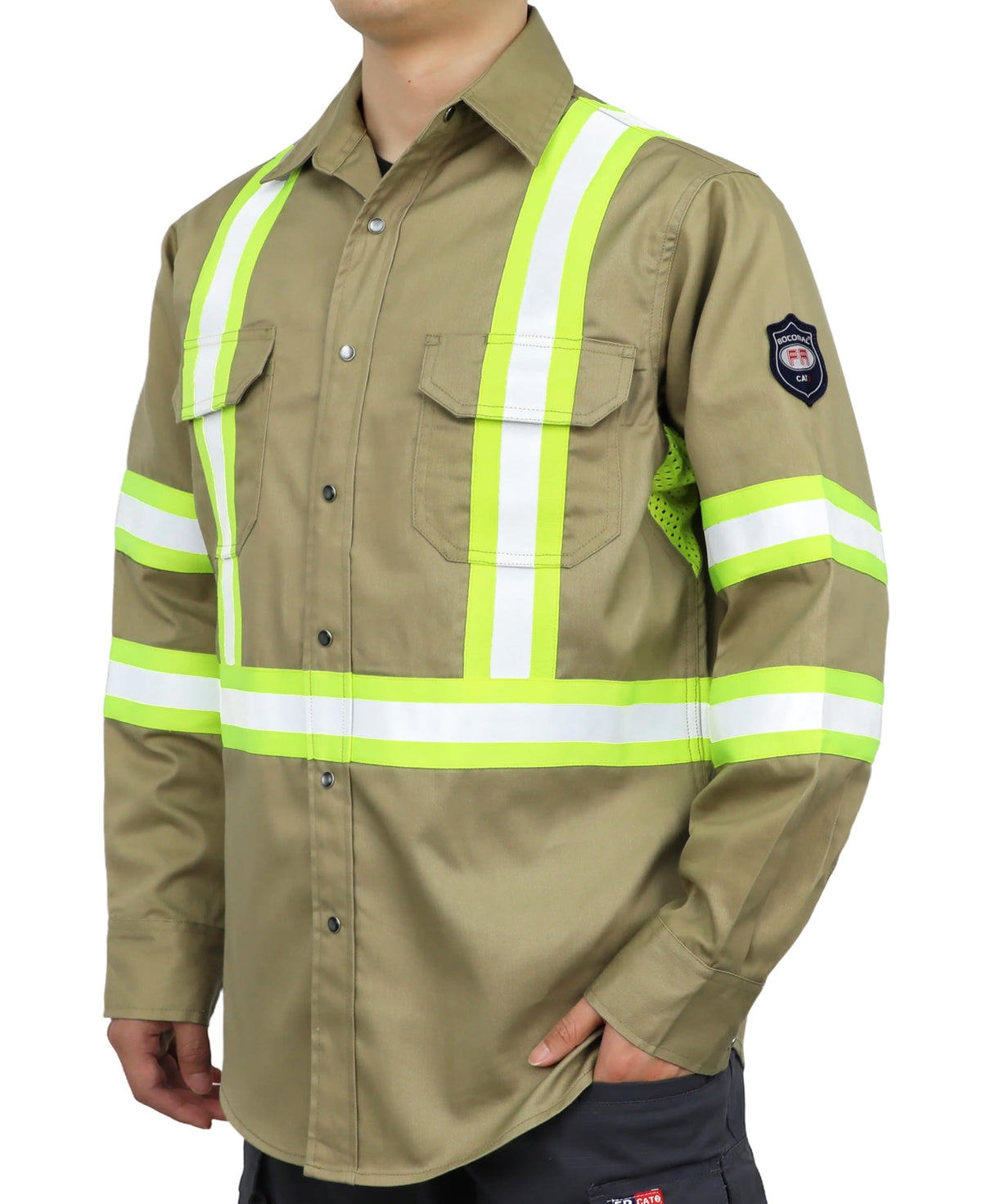 Vented FR High Vis Shirts Reflective Pearl Snaps Summer Work Safety (X-Large Tall / Khaki)