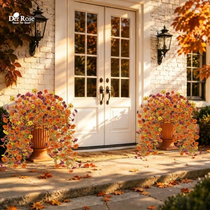 2Pcs Artificial Mums for Outdoors with Larger Flower Heads (Yellow/Orange/Burgundy)