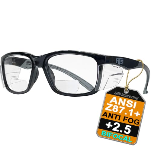 E60 2.5 Diopters Bifocal Safety Glasses with Side Shields (Black & Clear (+2.5 Diopter))