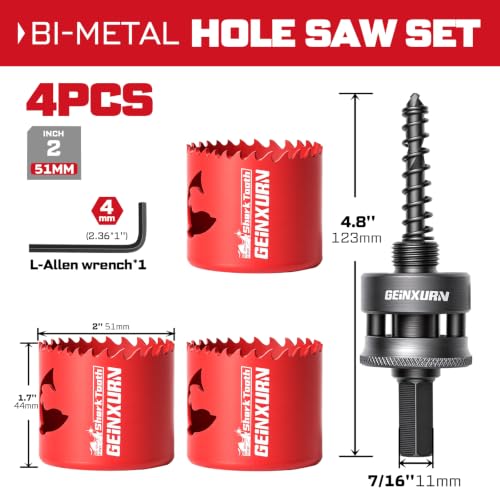 2 in(51mm) Hole Saw Set, HSS Bi-Metal Hole Cutter with Arbor and Hex Wrench, 5PCS Hole Saw Kit for Wood, Drywall, PVC Boards, Thin Metal & Plastic (5 PCS 2" Hole Saw Set)