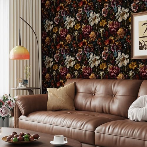 Vintage Black Boho Gothic Floral Peel and Stick Wallpaper 17.4"x118" (Black/Dark Yellow / 17.4" x 118")
