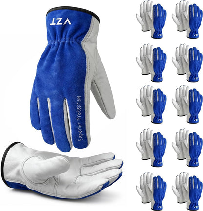 10 Pairs Leather Work Gloves for Men & Women (Blue-white / X-Large(Pack of 10))
