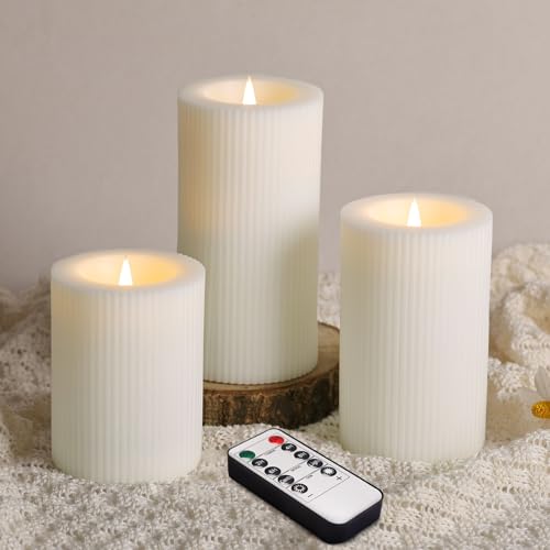 Ribbed Moving Flame Flameless Pillar Candles with Remote Set of 3