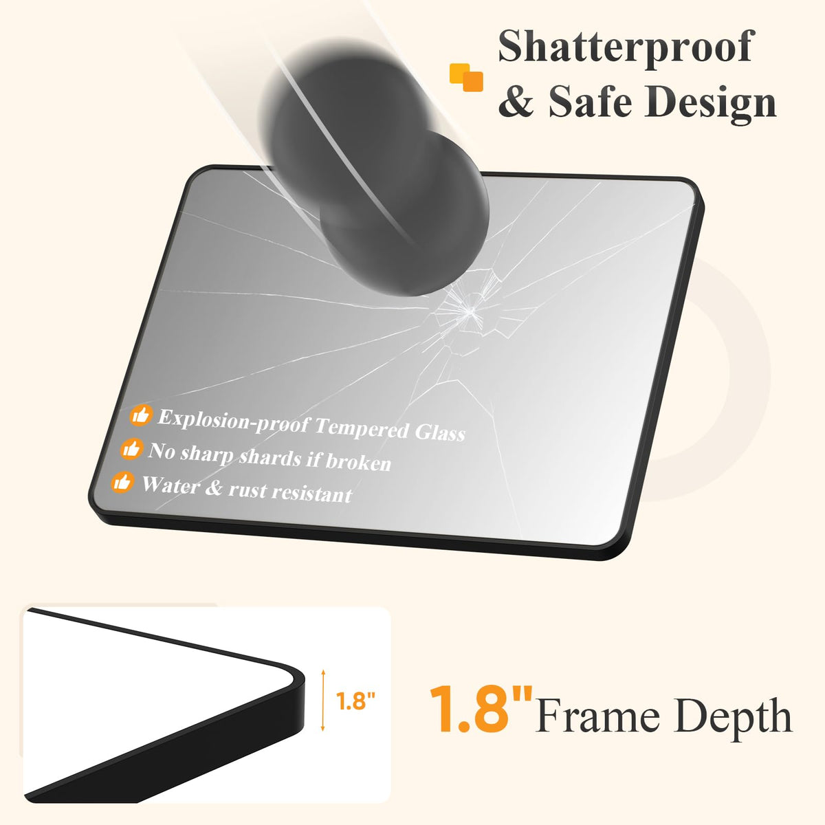 Bathroom Wall Mirror (Black-round Corner / 30"L x 40"W)