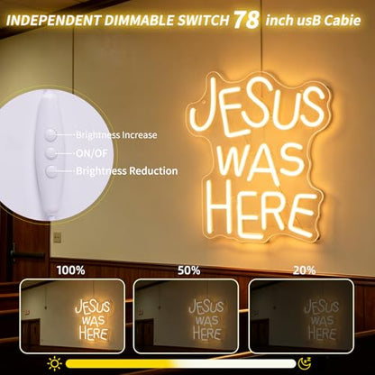 Neon Sign Jesus Was Here neon sign for Wall Decor Christian LED Signs Dimmable&USB Power Neon Light for Bedroom Easter Religious Events Church Decor（Warm White）
