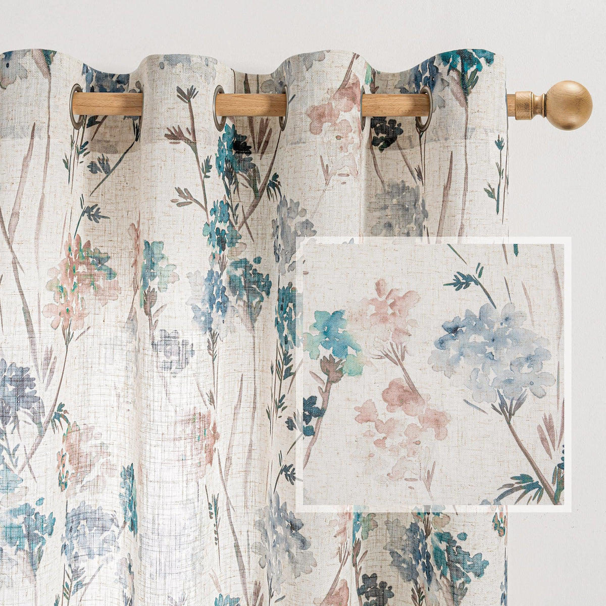 Floral Linen Curtains 54 inch Length 2 Panels Set Patterned Semi Sheer Light Filtering Privacy Farmhouse Grommet Drapes for Bedroom Small Window (A-brown / 52"W x 54"L (Pack of 2))