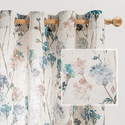 Floral Linen Curtains 54 inch Length 2 Panels Set Patterned Semi Sheer Light Filtering Privacy Farmhouse Grommet Drapes for Bedroom Small Window (A-brown / 52"W x 54"L (Pack of 2))
