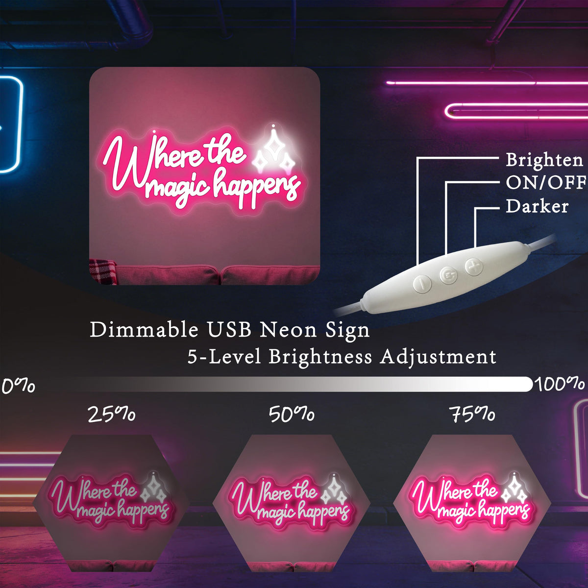 Where the magic happens Neon Sign Home Party Bedroom Bar Accent‑17.7"x7.9" (Where The Magic Happens)