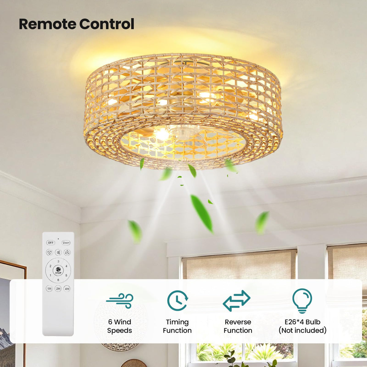 Boho Caged Low Profile Ceiling Fan with Light 19" Fandelier Flush Mount (19.3in-C)