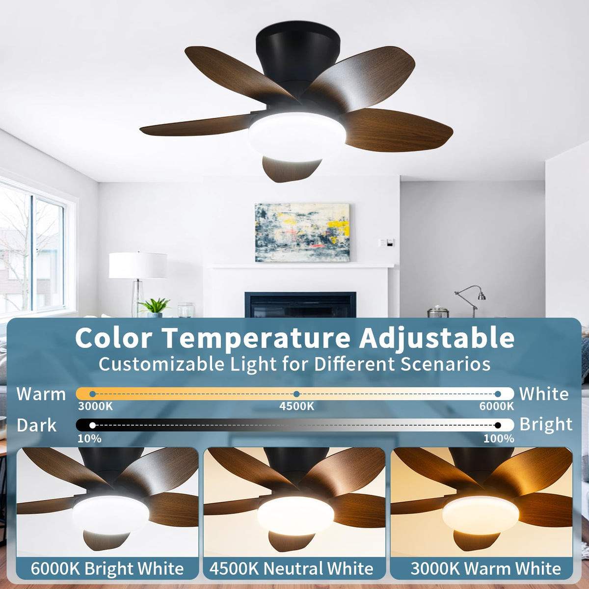 Small Ceiling Fan with Lights (Dark wood grain / 25 Inch)