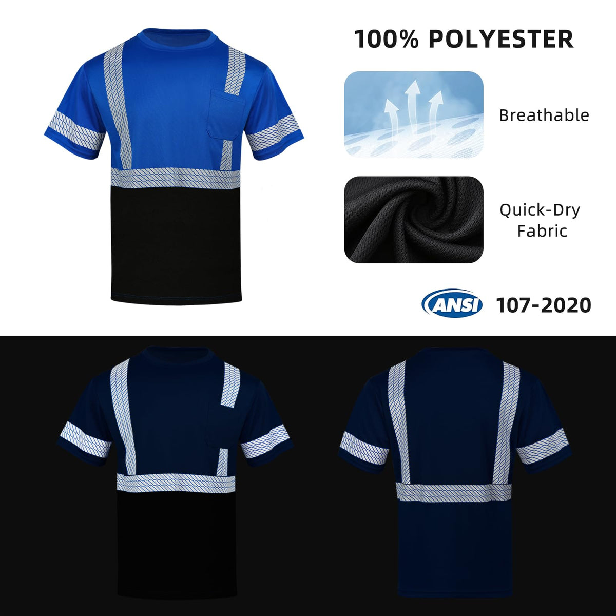 High Visibility Safety Reflective T Shirts for Men (XX-Large / Blue+black)